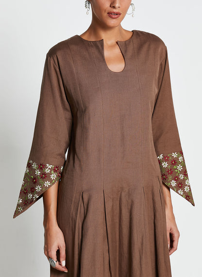 Brown Linen Cotton Embroidered Dress