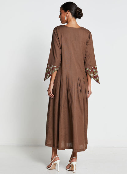 Brown Linen Cotton Embroidered Dress