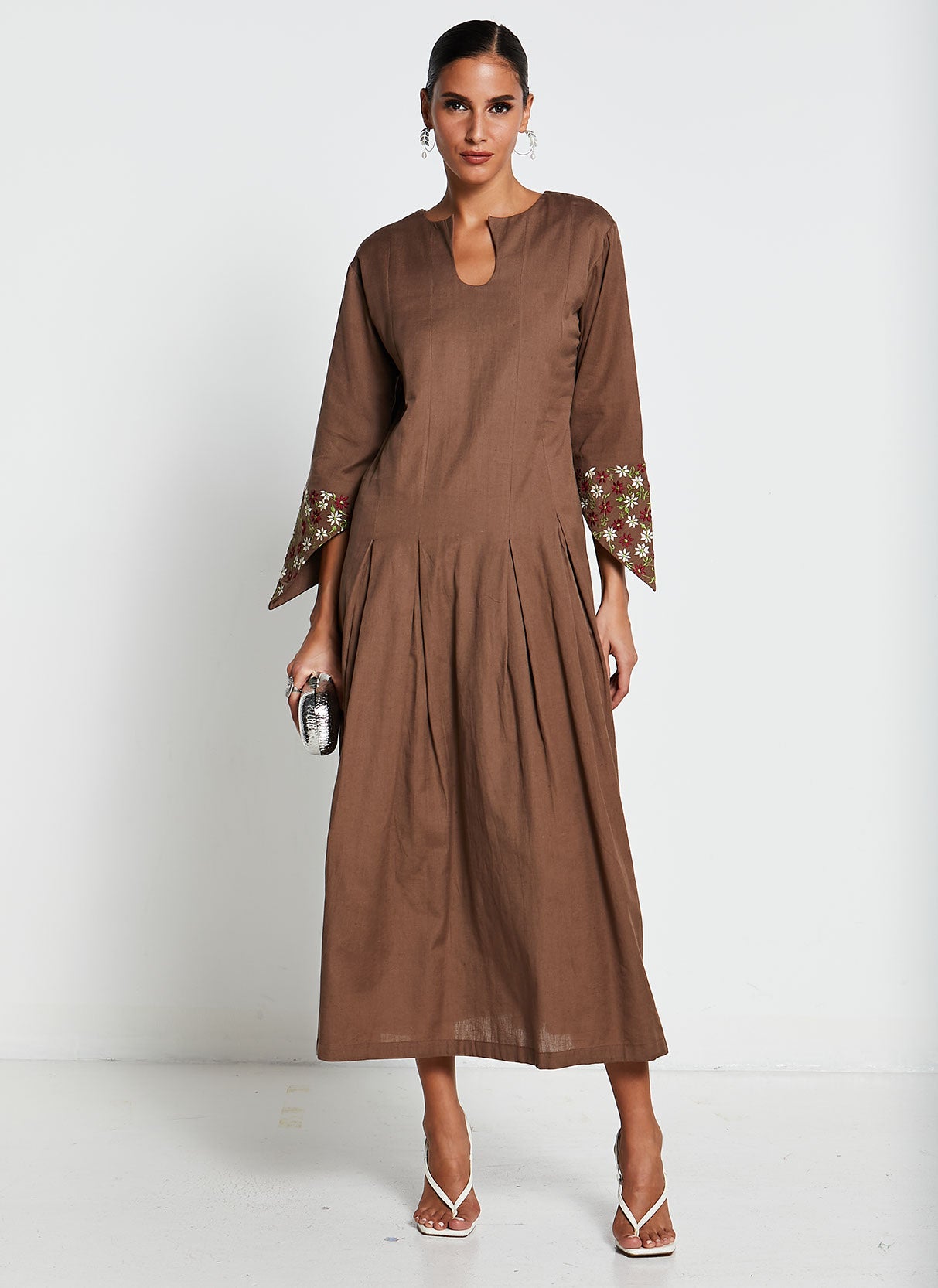 Brown Linen Cotton Embroidered Dress
