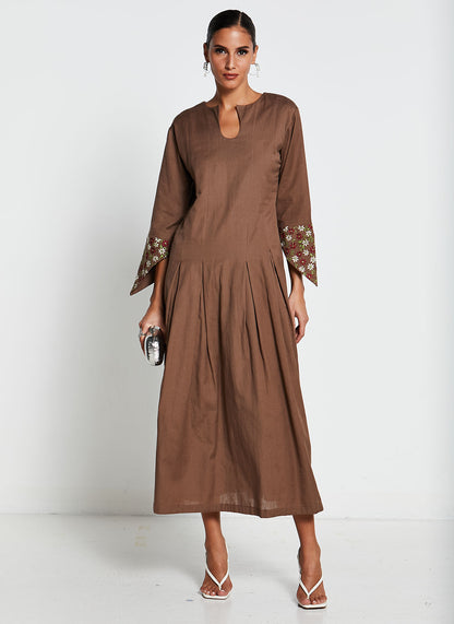 Brown Linen Cotton Embroidered Dress
