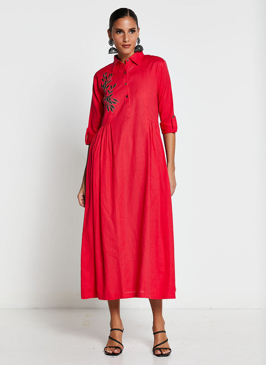 Red Linen Frock-Style Dress