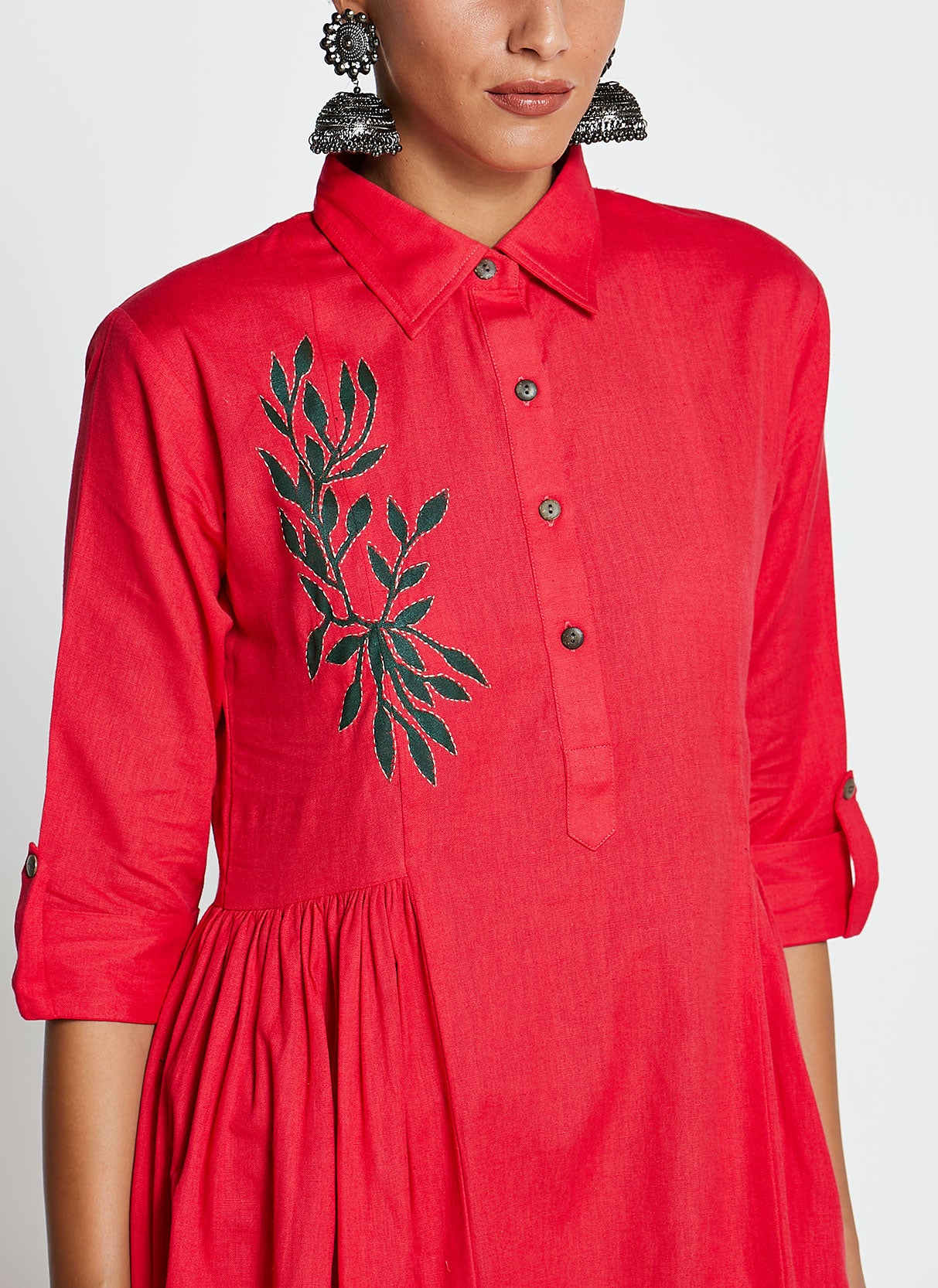 Red Linen Frock-Style Dress