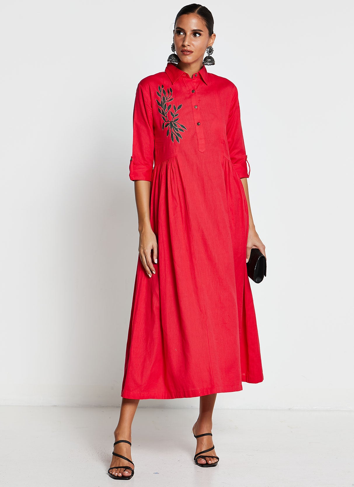 Red Linen Frock-Style Dress