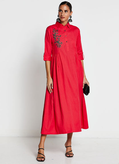 Red Linen Frock-Style Dress